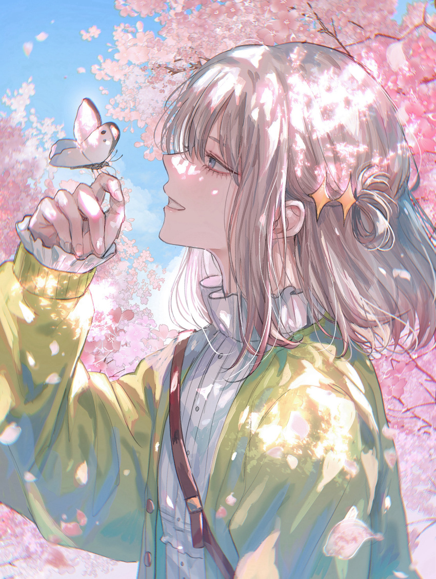 1boy, asano_(kazusasn), blue_eyes, blue_sky, bug, butterfly, buttons, cardigan