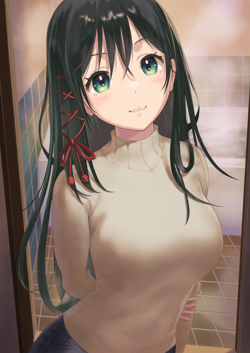 1girl, absurdres, amagami-san_chi_no_enmusubi, amagami_yae, arms_behind_back, bathroom, bathtub, black_hair