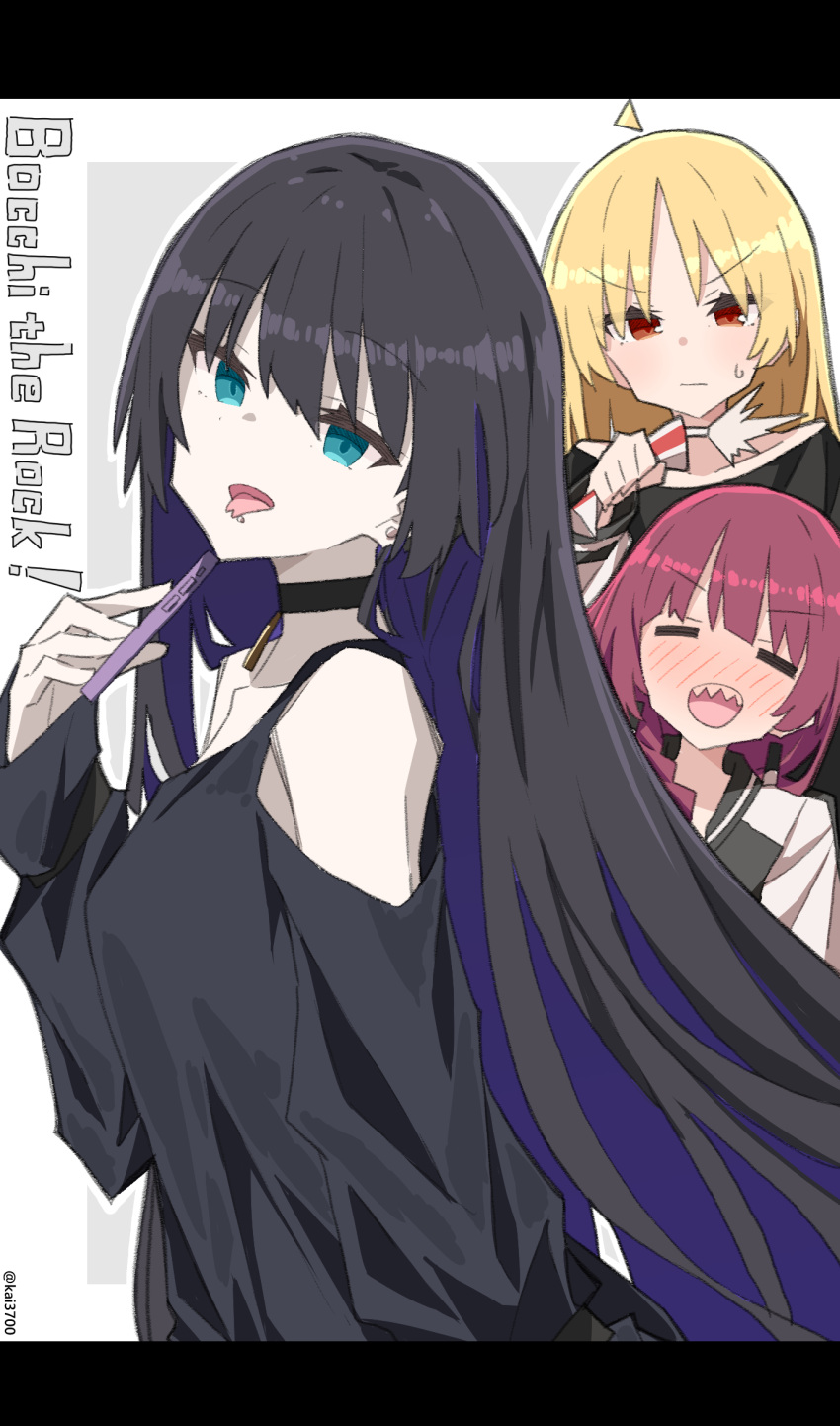 3girls, black_dress, black_hair, blonde_hair, blunt_bangs, bocchi_the_rock!, cellphone, choker