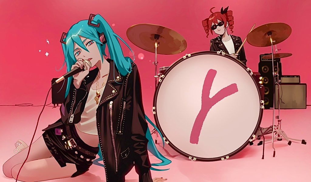 1boy, 1girl, apt._(rose_&amp;_bruno_mars), aqua_eyes, aqua_hair, bass_drum, black_bow, black_jacket