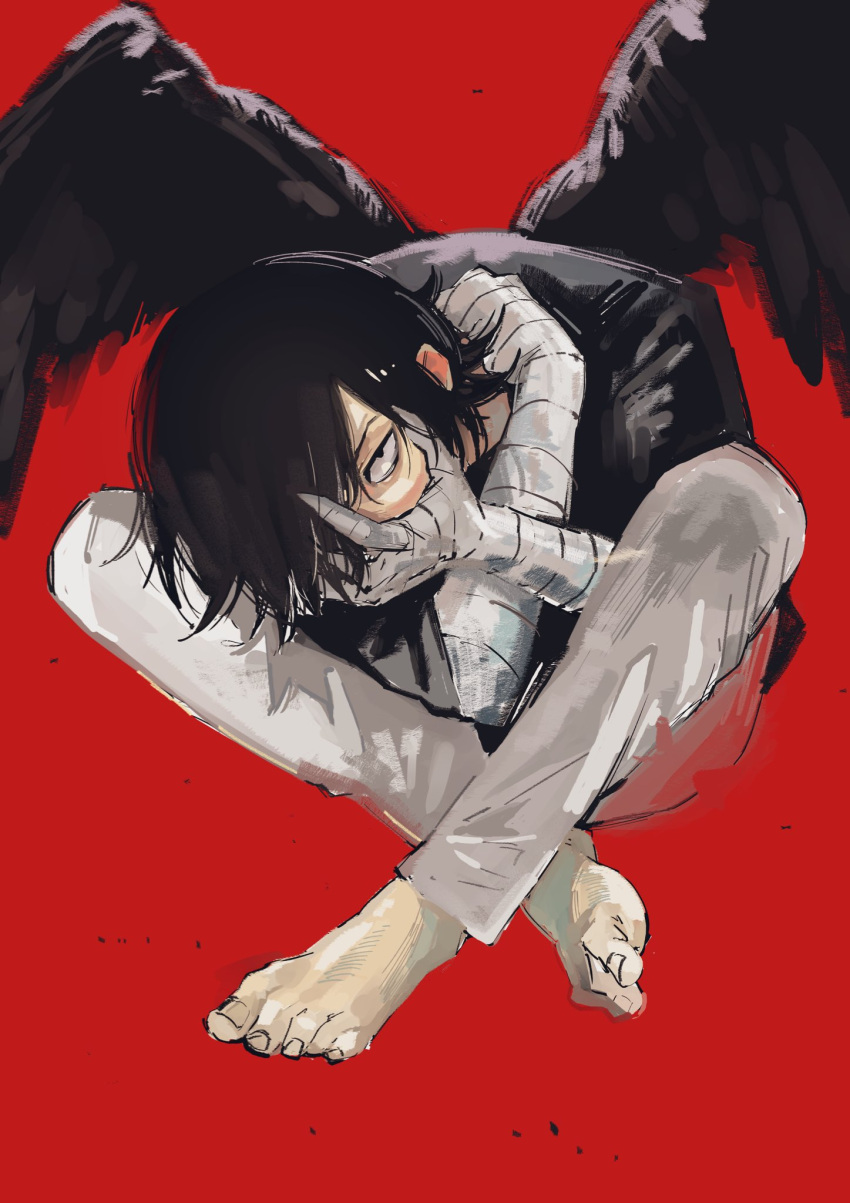 1boy, bandaged_arm, bandages, barefoot, black_hair, black_shirt, black_wings, choujin_x