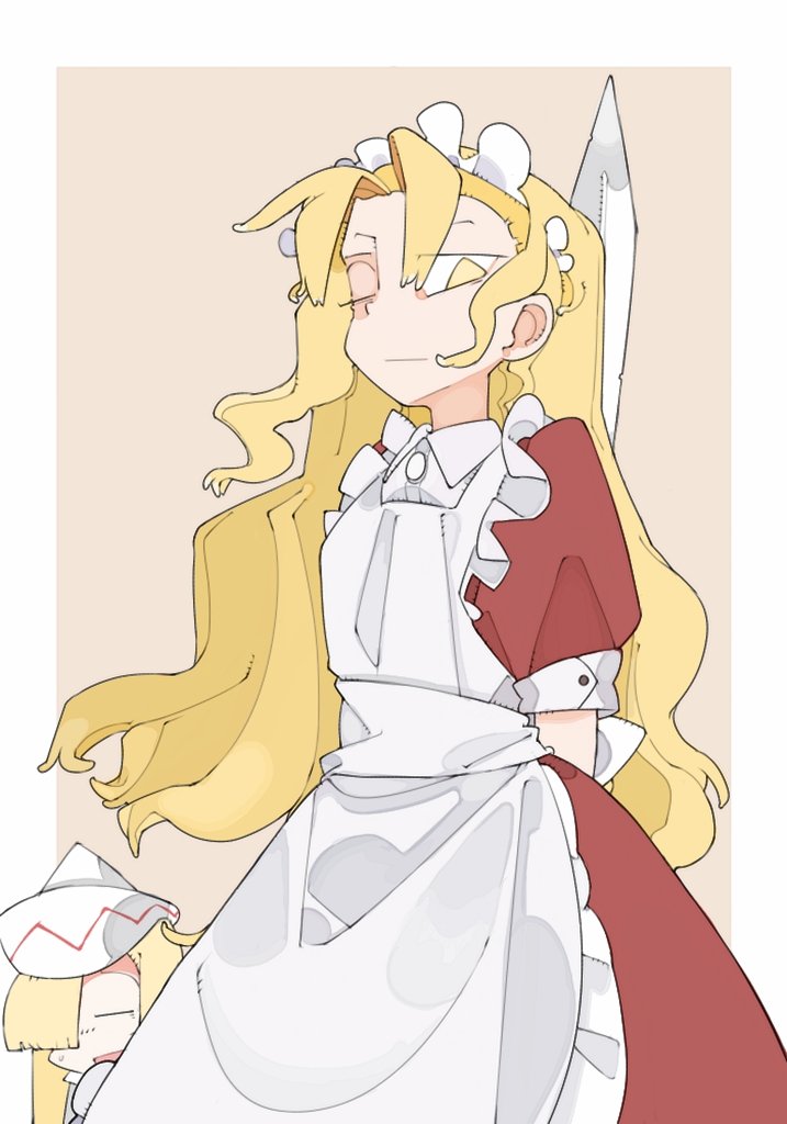 2girls, apron, blonde_hair, bolos, closed_eyes, dress, hair_ornament, hat