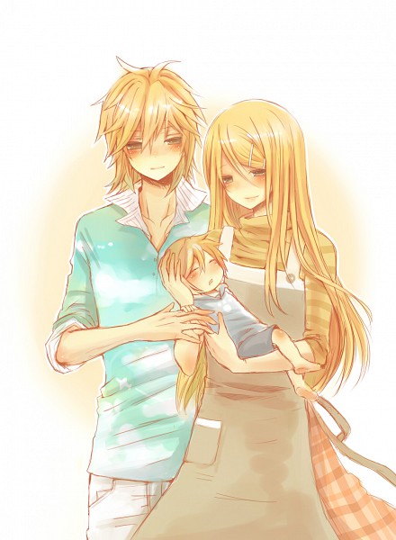 alternate_costume, apron, blonde_hair, blush, brother_and_sister, closed_eyes, couple, drooling, eyes_closed, family, hair_ornament, if_they_mated, kagamine_len, kagamine_rin, masha_(twinbox), siblings, vocaloid