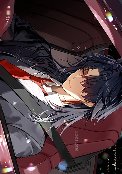 1boy, artist_name, black_jacket, black_vest, blade_(honkai:_star_rail), blade_(jepella_rebellion)_(honkai:_star_rail), blue_hair, car_interior