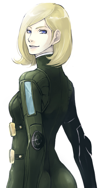 blonde_hair, blue_eyes, bodysuit, looking_back, shin_megami_tensei:_strange_journey, short_hair, simple_background, smile