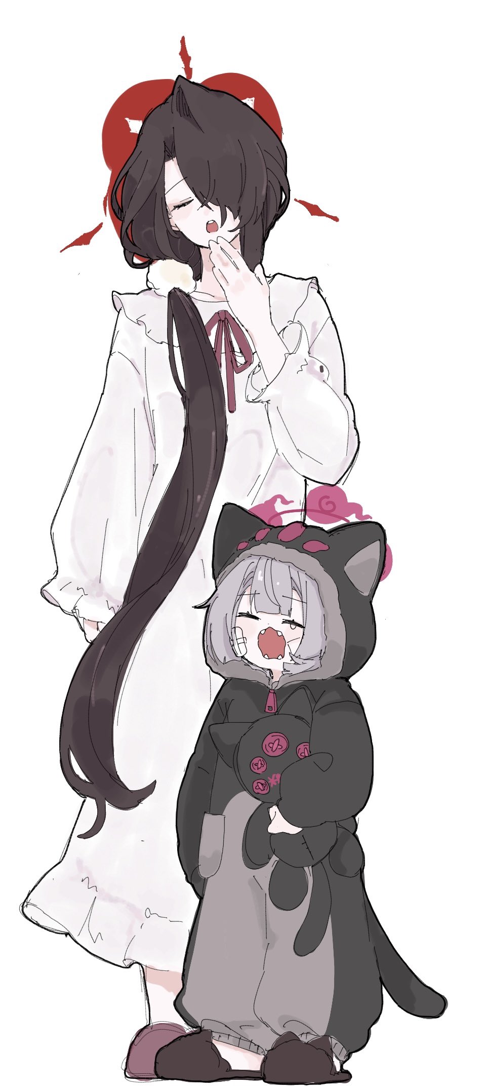 2girls, alternate_costume, blue_archive, gauze, gauze_on_cheek, gauze_on_face, halo, highres
