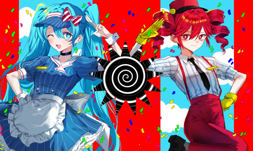 2girls, absurdres, ahoge, apron, back_bow, black_choker, black_footwear, blue_dress