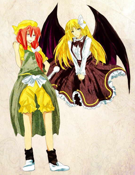 bat_wings, beret, blonde_hair, hat, kizoku-chan, kurumi_(touhou), multiple_girls, orange_(touhou), orange_eyes, orange_hair, red_hair, sepia_background, smile, touhou, touhou_(pc-98), wings, yellow_eyes, youkai