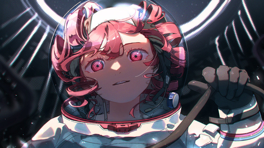 ahoge, astronaut, black_gloves, cable, drill_hair, floating_hair, gloves, hair_between_eyes