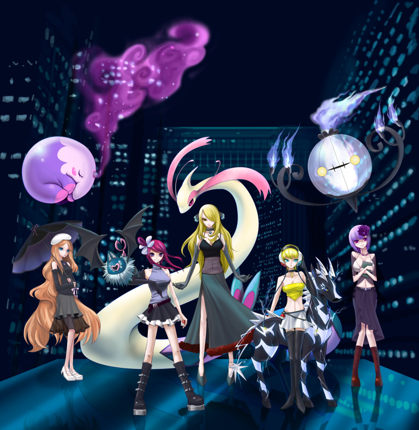 5girls, blue_fire, cattleya_(pokemon), chandelure, fire, fuuro_(pokemon), highres, kamitsure_(pokemon)