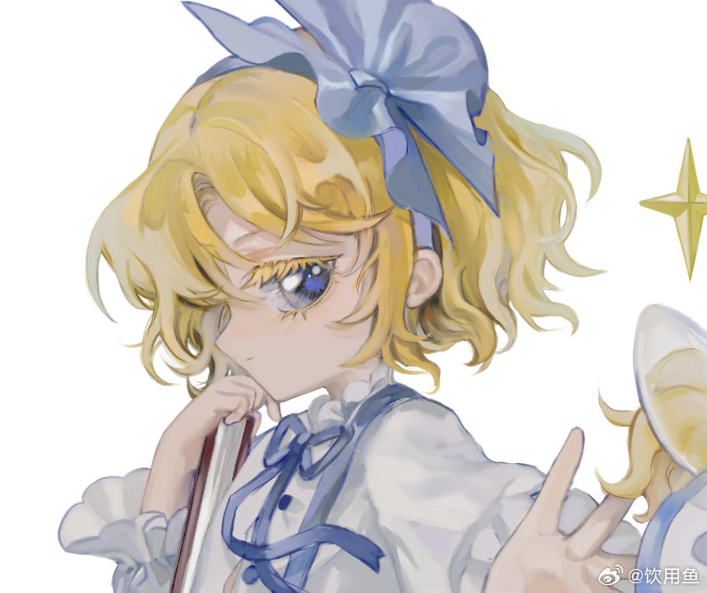 1girl, alice_margatroid, alice_margatroid_(pc-98), blonde_hair, blue_bow, blue_eyes, blue_hairband, blue_ribbon, book, bow, buttons, chinese_commentary, closed_mouth, colored_eyelashes, commentary_request, doll, expressionless, frilled_shirt, frilled_sleeves, frills, from_side, hair_bow, hairband, holding, holding_book, light_blush, long_sleeves, neck_ribbon, outstretched_arm, ribbon, shirt, short_hair, simple_background, solo, star_(symbol), suspenders, touhou, touhou_(pc-98), upper_body, weibo_watermark, white_background, white_shirt, yinyong_yu