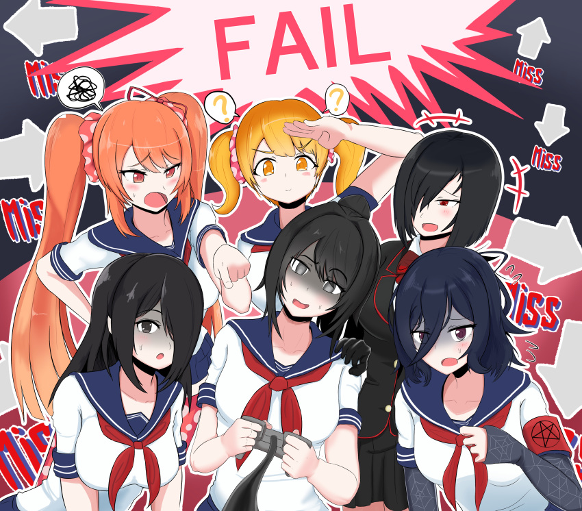 6+girls, ?, absurdres, armband, arrow_(symbol), ayano_aishi, black_eyes, black_hair, black_skirt, black_vest, blonde_hair, blue_sailor_collar, bob_cut, bow, bowtie, collared_shirt, commentary, controller, elbow_gloves, fingerless_gloves, gloves, grey_eyes, hair_ornament, hair_over_one_eye, hair_scrunchie, half-closed_eyes, hanako_yamada, highres, holding, holding_controller, horuda_puresu, jakky_jakigann, layered_clothes, messy_hair, multiple_girls, neckerchief, nemesis-chan, oka_ruto_(yandere_simulator), orange_eyes, orange_hair, osana_najimi_(yandere_simulator), partially_shaded_face, pink_scrunchie, polka_dot, polka_dot_scrunchie, ponytail, print_gloves, raibaru_fumetsu, red_armband, red_bow, red_bowtie, red_eyes, red_neckerchief, sailor_collar, school_uniform, scrunchie, serafuku, shirt, short_sleeves, short_twintails, skirt, spider_web_print, spoken_question_mark, spoken_squiggle, squiggle, striped_collar, sweat, twintails, vest, violet_eyes, white_serafuku, white_shirt, yandere_simulator, yellow_eyes