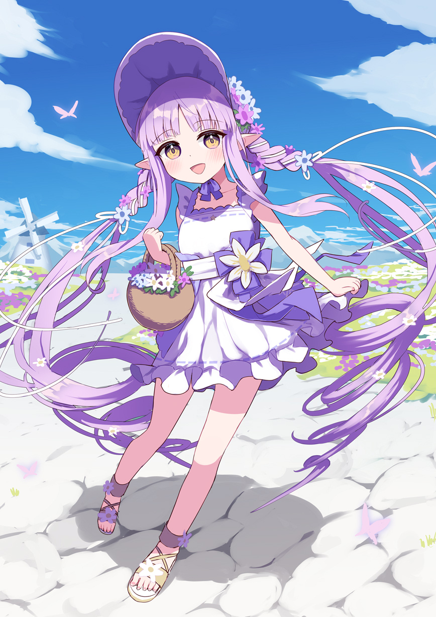 1girl, :d, absurdly_long_hair, basket, blue_sky, blunt_bangs, blush, bug