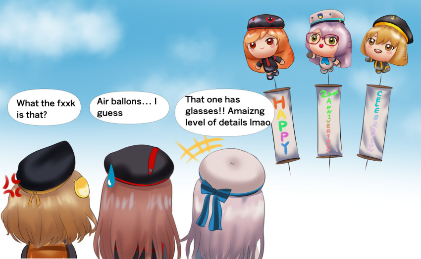 +++, 3girls, ahoge, anger_vein, anis_(nikke), anniversary, balloon, beatheart