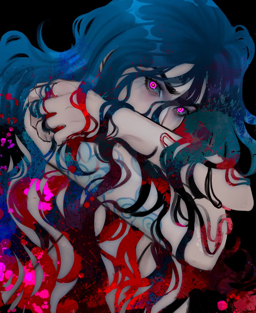 1girl, arcane:_league_of_legends, black_background, blue_hair, gittanart, jinx_(league_of_legends), league_of_legends, long_hair, pink_eyes, tattoo