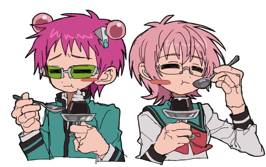 1boy, 1girl, antennae, blush_stickers, closed_eyes, coffee_jello, eating, gelatin