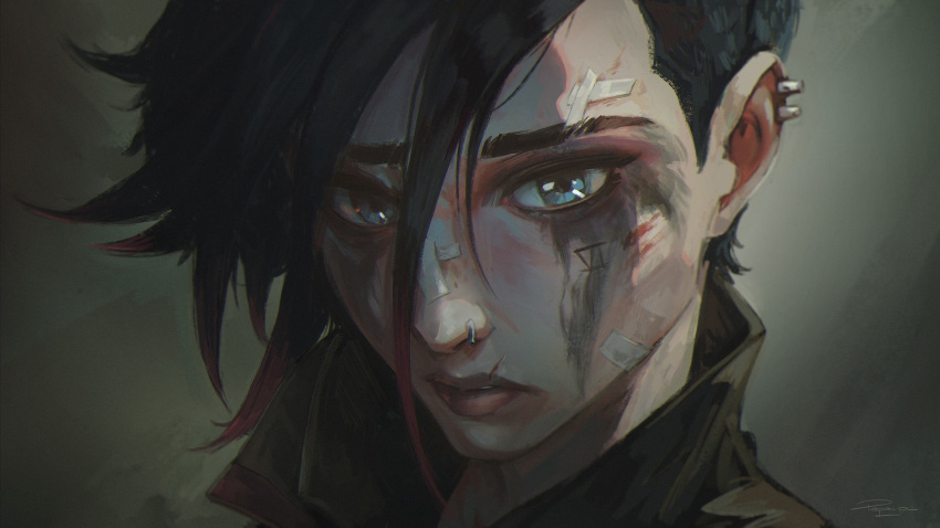 1girl, arcane:_league_of_legends, art_of_papayou, bandages, black_hair, blue_eyes, facepaint, lip_scar, nose_piercing, piercing, scar, short_hair, vi_(league_of_legends)