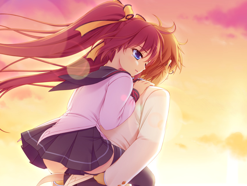 1boy, 1girl, blue_eyes, brother_and_sister, game_cg, glasses, highres, kazami_haruki, ooizumi_ryou, ooizumi_shiori, piggyback, real_imouto_ga_iru_ooizumi-kun_no_baai, school_uniform, seifuku, siblings, tears, thighhighs, twintails