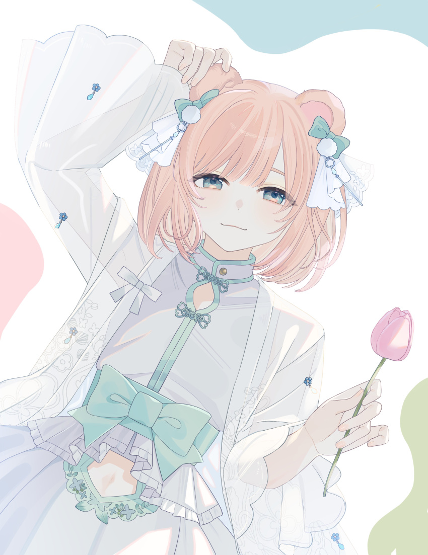 1girl, absurdres, animal_ears, aqua_eyes, arm_up, bow, closed_mouth, clothing_cutout