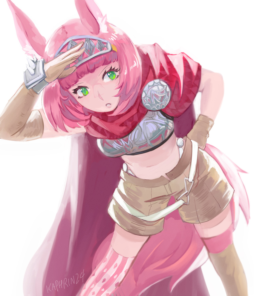 1girl, :o, absurdres, animal_ears, armor, artist_name, asymmetrical_gloves, asymmetrical_legwear, breastplate, brown_gloves, brown_shorts, cape, catherina_(metaphor:_refantazio), colored_skin, cowboy_shot, elbow_gloves, gloves, green_eyes, highres, kaphrin, looking_to_the_side, metaphor:_refantazio, midriff, mismatched_legwear, pink_hair, red_cape, shading_eyes, short_hair, shorts, simple_background, solo, tail, uneven_gloves, white_background