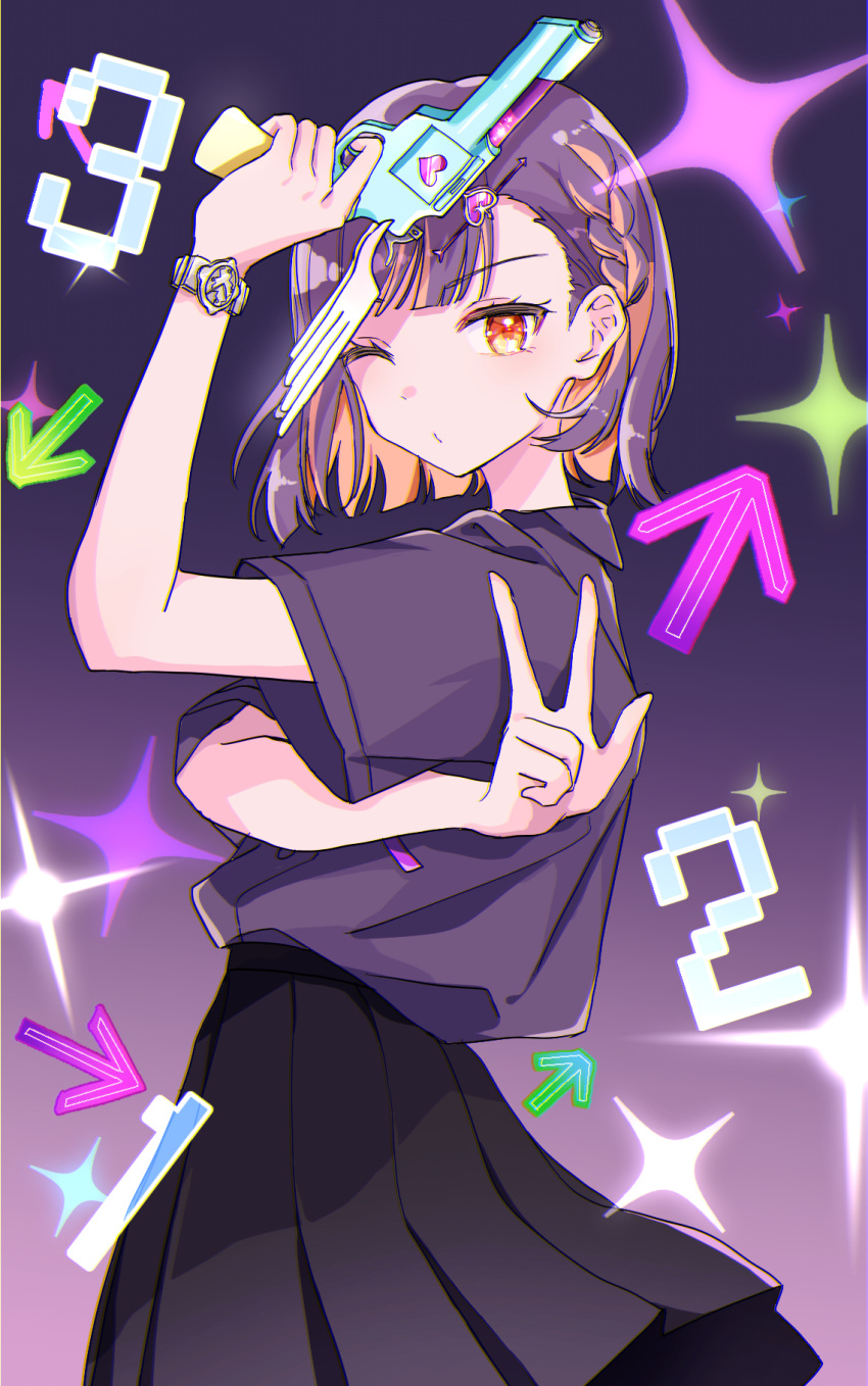 1girl, arrow_(symbol), colored_inner_hair, four-pointed_star, gesture, gun, highres, holding