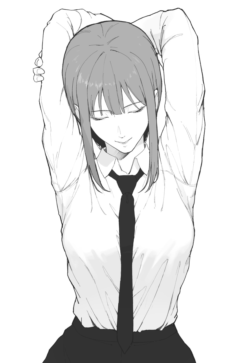 1girl, absurdres, ano_(gccx8784), arms_up, breasts, chainsaw_man, closed_eyes, greyscale, highres, light_smile, long_sleeves, makima_(chainsaw_man), medium_breasts, monochrome, necktie, pants, shirt, shirt_tucked_in, sidelocks, simple_background, solo, stretching, upper_body, white_background
