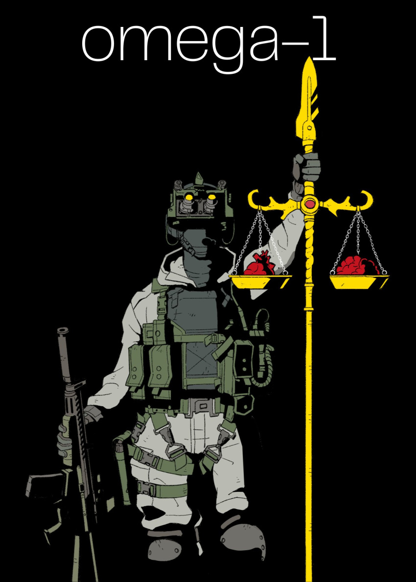 1boy, ammunition_pouch, assault_rifle, balance_scale, black_background, brain, bulletproof_vest, character_name, english_text, gun, hat_legs, heart_(organ), highres, mask, military_combat_uniform, polearm, pouch, rifle, scp_foundation, soldier, solo, spear, suppressor, weapon, weighing_scale