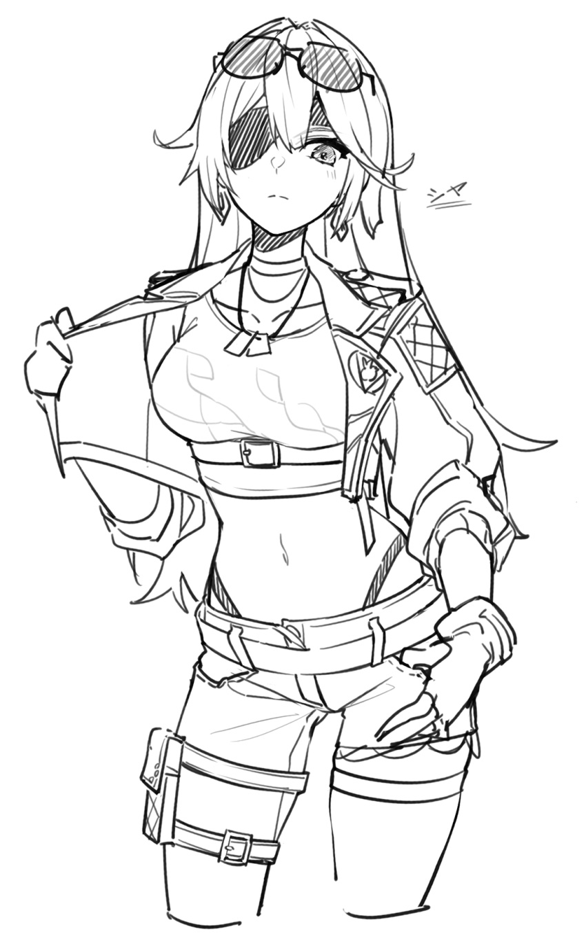 1girl, crop_top, dog_tags, earrings, eyepatch, eyewear_on_head, fate_trigger:_the_novita, gloves