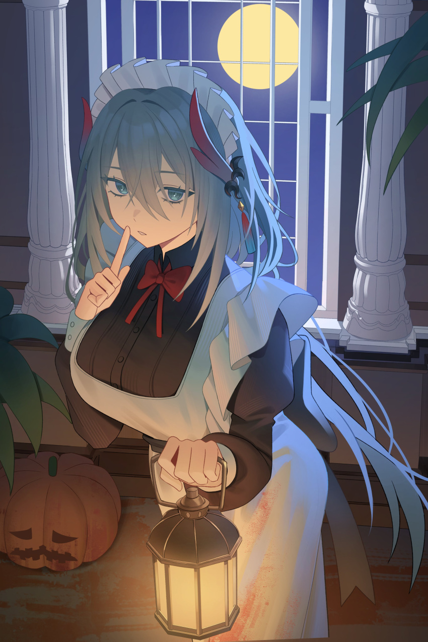 1girl, absurdres, alternate_costume, apron, black_dress, blue_eyes, breasts, collared_dress