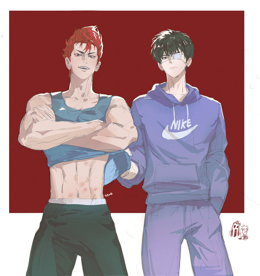 2boys, abs, absurdres, black_hair, blue_hoodie, blue_pants, blue_tank_top, brown_eyes