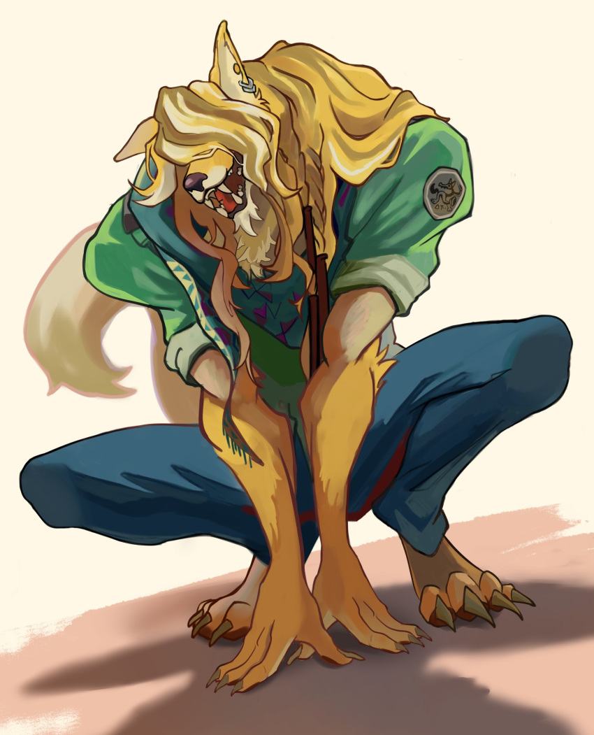 1boy, animal_ears, barefoot, blonde_hair, blue_pants, claws, coyote_boy, dislyte, earrings, english_commentary, facing_viewer, fangs, furry, furry_male, green_scarf, green_shirt, hair_over_eyes, highres, jewelry, looking_at_viewer, male_focus, open_mouth, pants, scarf, shirt, smile, squatting, tail, tubbrr, wenlock_(huehuecoyotl)_(dislyte), white_background, wolf_ears, wolf_tail, yellow_fur