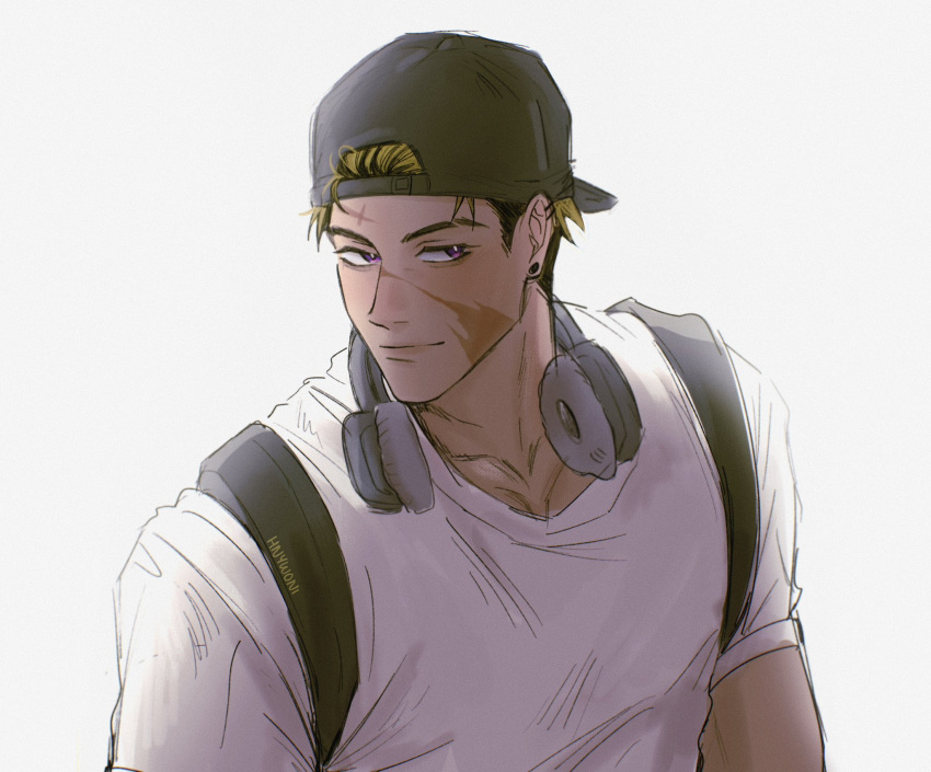 1boy, backwards_hat, black_hair, black_hat, blonde_hair, closed_mouth, collarbone, commentary