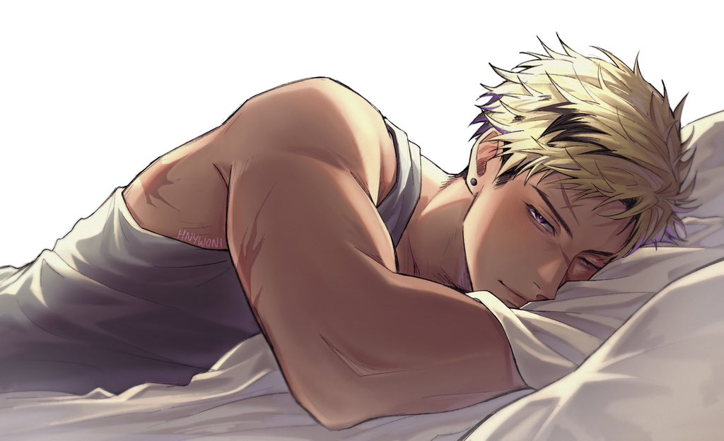 1boy, bed_sheet, black_hair, blonde_hair, brown_eyes, closed_mouth, commentary, ear_piercing