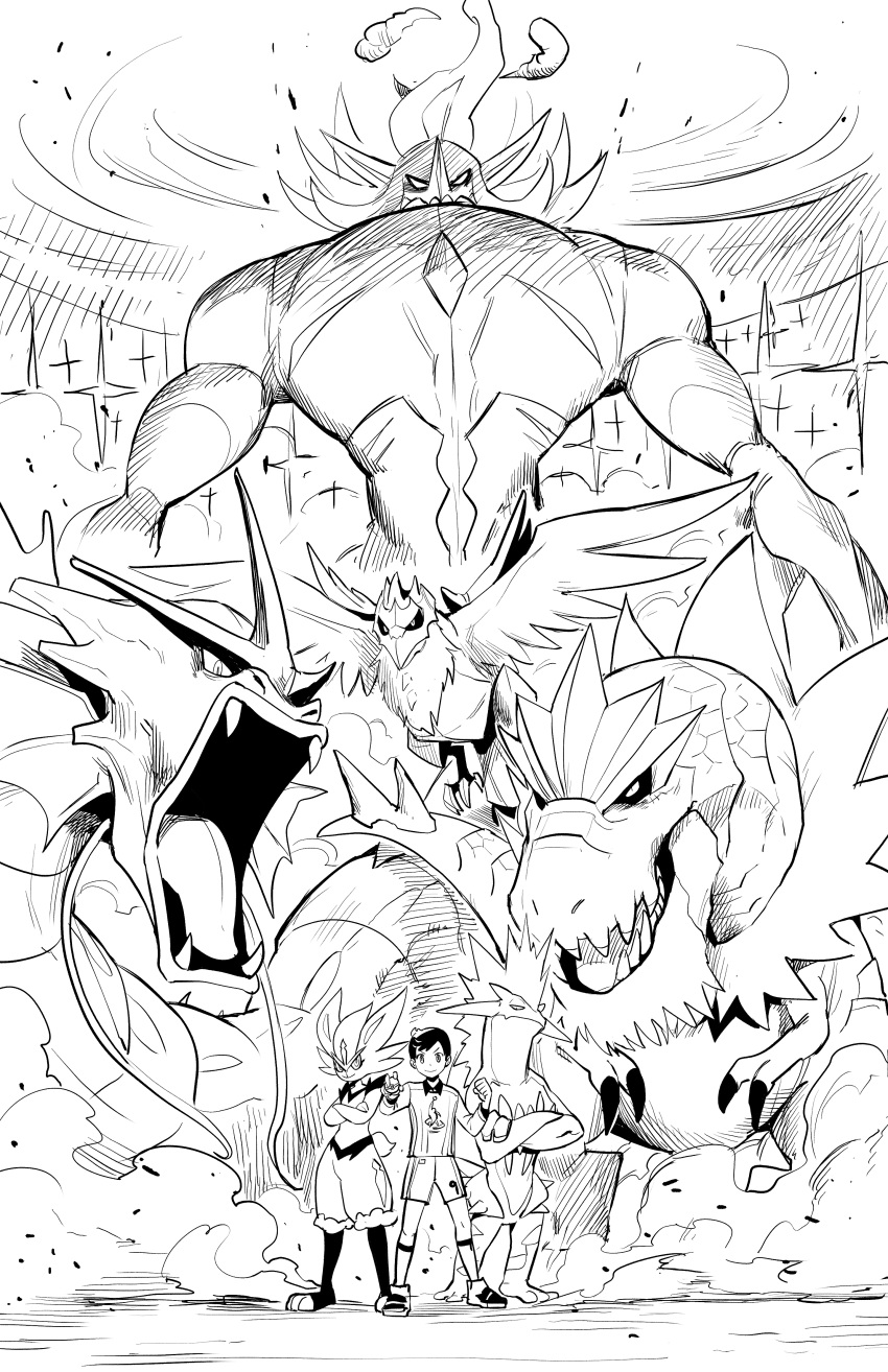 absurdres, animal_ears, cinderace, claws, corviknight, crossed_arms, dinosaur, dust