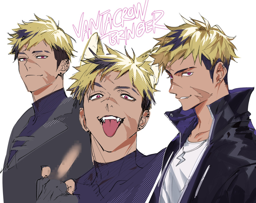 1boy, :p, black_gloves, black_hair, black_jacket, black_shirt, blonde_hair, character_name, collarbone, collared_jacket, collared_shirt, commentary, crew_neck, ear_piercing, earrings, english_commentary, fangs, fingerless_gloves, gloves, hand_up, highres, jacket, jewelry, kaohom503, kemonomimi_mode, lightning_bolt_symbol, looking_at_viewer, looking_to_the_side, male_focus, middle_finger, multicolored_hair, multiple_earrings, multiple_views, necklace, nijisanji, nijisanji_en, open_clothes, open_jacket, piercing, popped_collar, red_eyes, scar, scar_on_cheek, scar_on_face, scar_on_nose, shirt, short_hair, sideways_glance, stud_earrings, t-shirt, teeth, tight_clothes, tongue, tongue_out, upper_body, upper_teeth_only, vantacrow_bringer, white_background, white_shirt