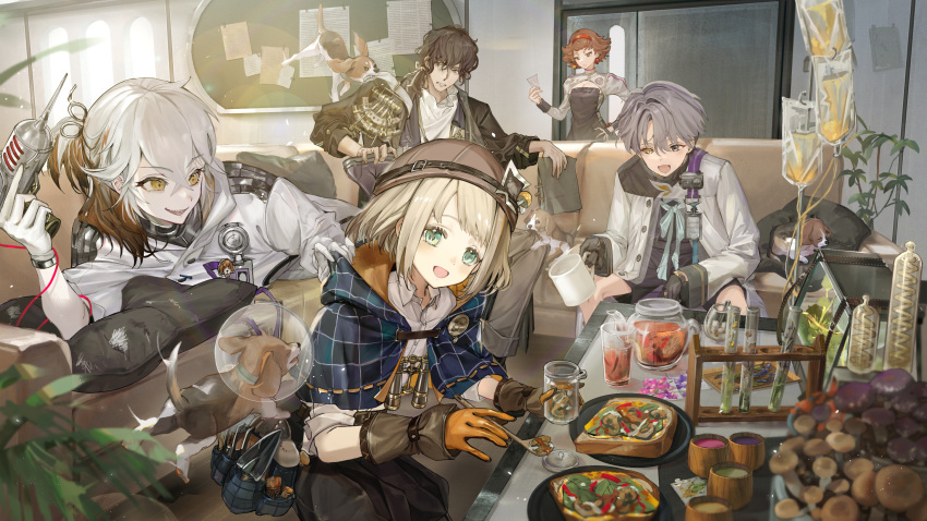 1girl, 3boys, :d, :o, aqua_eyes, beagle, biting_another's_clothes, black_coat