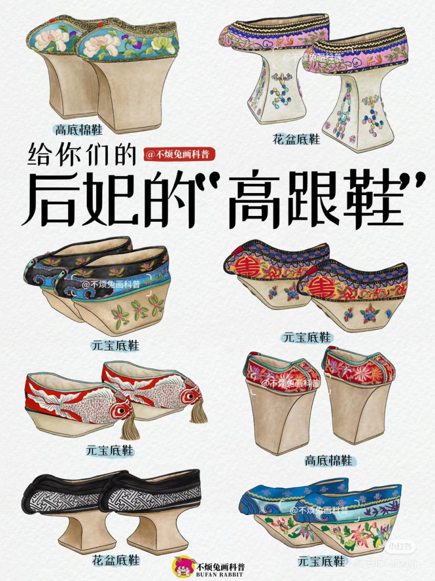 animal_print, aqua_footwear, bad_source, blue_footwear, chinese_clothes, chinese_text, clothes_focus, embroidery, fish_print, flats, floral_print, floral_print_footwear, footwear_tassel, highres, lenaljj, manchu_clothes, multicolored_footwear, no_humans, original, photo-referenced, pink_footwear, platform_footwear, qixie, red_footwear, shoes, tassel, translation_request, white_background