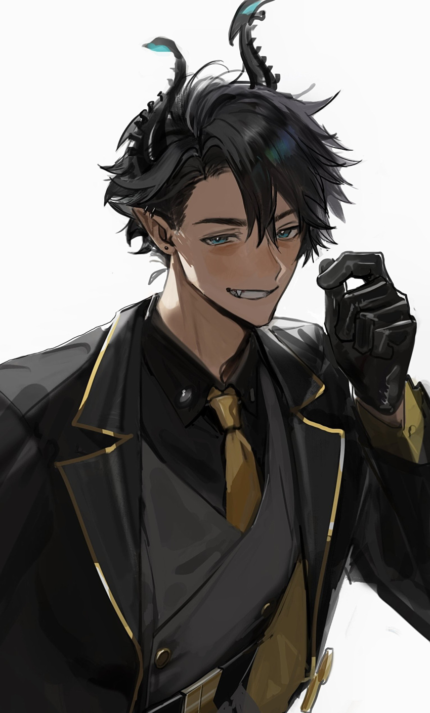1boy, absurdres, aqua_eyes, arm_up, asymmetrical_horns, black_gloves, black_hair, black_jacket