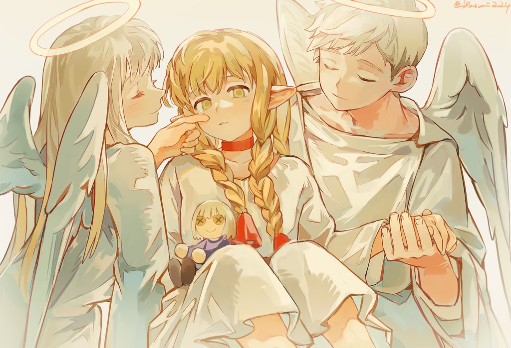 1boy, 2girls, aged_down, angel, angel_wings, blonde_hair, boy_and_girl_sandwich, choker