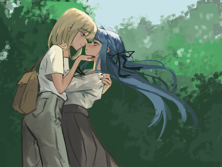 2girls, absurdres, bang_dream!, bang_dream!_it's_mygo!!!!!, black_ribbon, blue_hair, blush, brown_bag