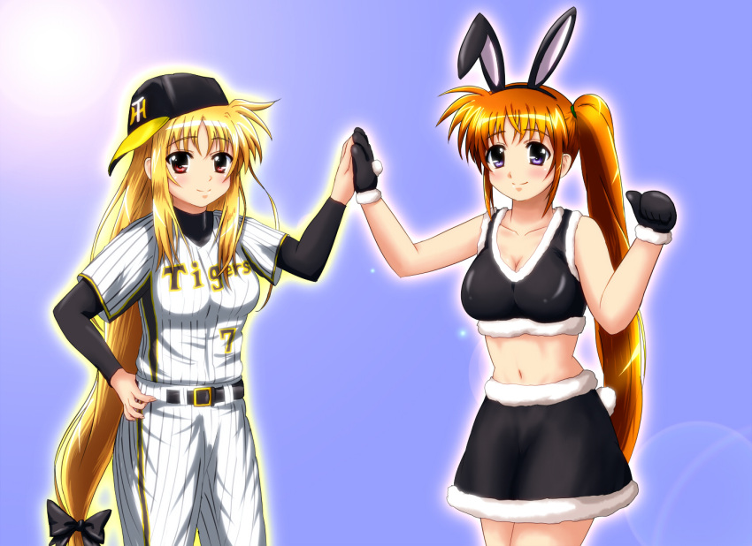animal_ears, baseball_cap, baseball_uniform, belt, blonde_hair, blue_eyes, blush, bow