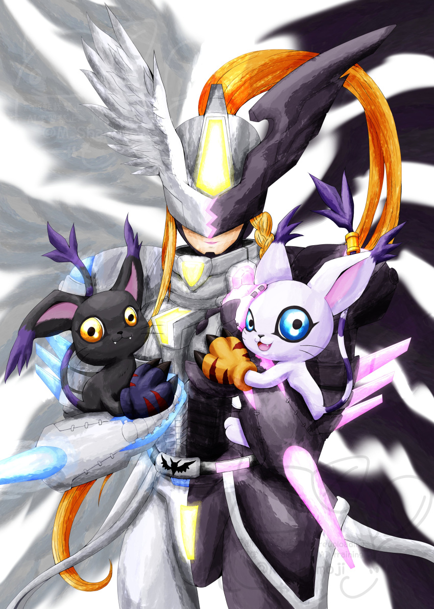 1girl, absurdres, angel_wings, armor, asymmetrical_armor, asymmetrical_wings, black_armor, black_fur, black_wings, blacktailmon, blonde_hair, blue_eyes, blurry, blurry_background, body_fur, cat, cowboy_shot, demon_wings, digimon, digimon_(creature), evolutionary_line, feathered_wings, high_ponytail, highres, long_hair, m_shamoji, mastemon, smile, tailmon, white_armor, white_fur, white_wings, wings, yellow_eyes