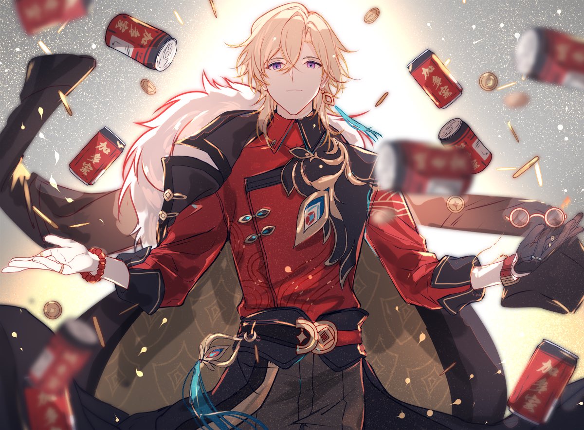 1boy, aqueasirius, aventurine_(honkai:_star_rail), bead_bracelet, beads, belt, black_belt, black_coat