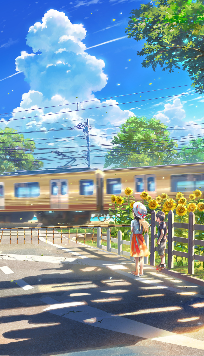 1boy, 1girl, absurdres, black_hair, black_shirt, blue_sky, clouds, commentary_request