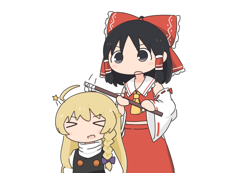 >_<, 2girls, ahoge, alternate_costume, ascot, black_eyes, black_hair, blonde_hair, bonk, bow, braid, chibi, chito_(shoujo_shuumatsu_ryokou), cosplay, derivative_work, detached_sleeves, frilled_bow, frilled_hair_tubes, frills, hair_bow, hair_tubes, hakurei_reimu, hakurei_reimu_(cosplay), hashtag-only_commentary, highres, hitting, kirisame_marisa, kirisame_marisa_(cosplay), kokoda402989934, multiple_girls, open_mouth, parody, red_bow, ribbon-trimmed_sleeves, ribbon_trim, screenshot_redraw, shoujo_shuumatsu_ryokou, side_braid, single_braid, touhou, tsukumizu_yuu_(style), v-shaped_eyebrows, white_background, yellow_ascot, yuuri_(shoujo_shuumatsu_ryokou)