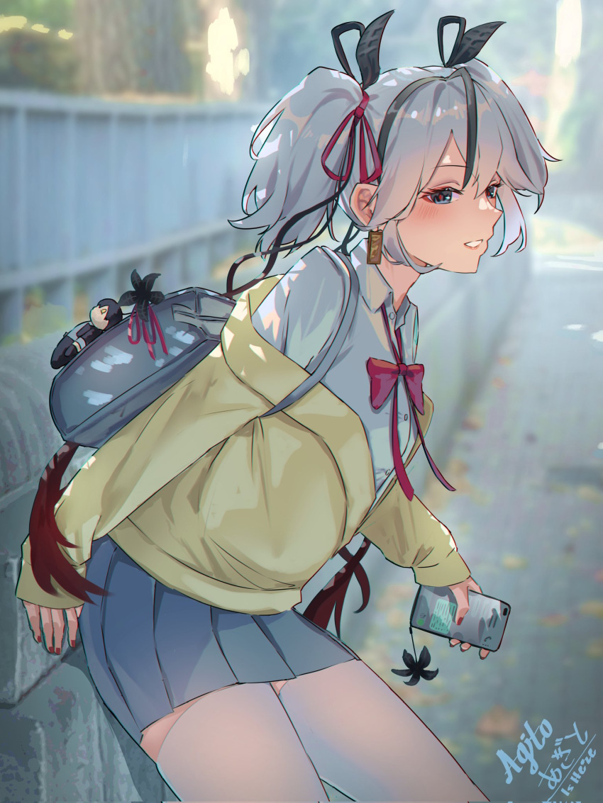 1girl, agito_(agitoishere), alternate_costume, black_ribbon, blake_bloom_(wuthering_waves), blue_skirt, blurry, blurry_background