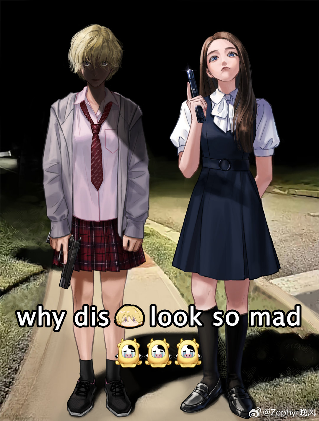2girls, baby_walkure, belt, black_footwear, black_hair, black_socks, blonde_hair, blue_belt, blue_dress, blue_eyes, bow, bowtie, breast_pocket, chinese_commentary, closed_mouth, collared_shirt, commentary_request, diagonal-striped_clothes, diagonal-striped_necktie, dress, dress_shirt, fukagawa_mahiro, glint, grey_jacket, gun, handgun, highres, holding, holding_gun, holding_weapon, hood, hood_down, hooded_jacket, jacket, kneehighs, loafers, long_hair, looking_at_viewer, m1911, meme, multiple_girls, necktie, night, open_clothes, open_jacket, outdoors, photo-referenced, pinafore_dress, plaid_clothes, plaid_skirt, pleated_skirt, pocket, puffy_sleeves, red_necktie, red_skirt, school_uniform, shirt, shoes, short_hair, short_sleeves, skirt, sleeveless, sleeveless_dress, socks, striped_clothes, sugimoto_chisato, trigger_discipline, weapon, weibo_watermark, white_bow, white_bowtie, white_shirt, why_dis_ninja_look_so_mad_(meme), zpyzephyr