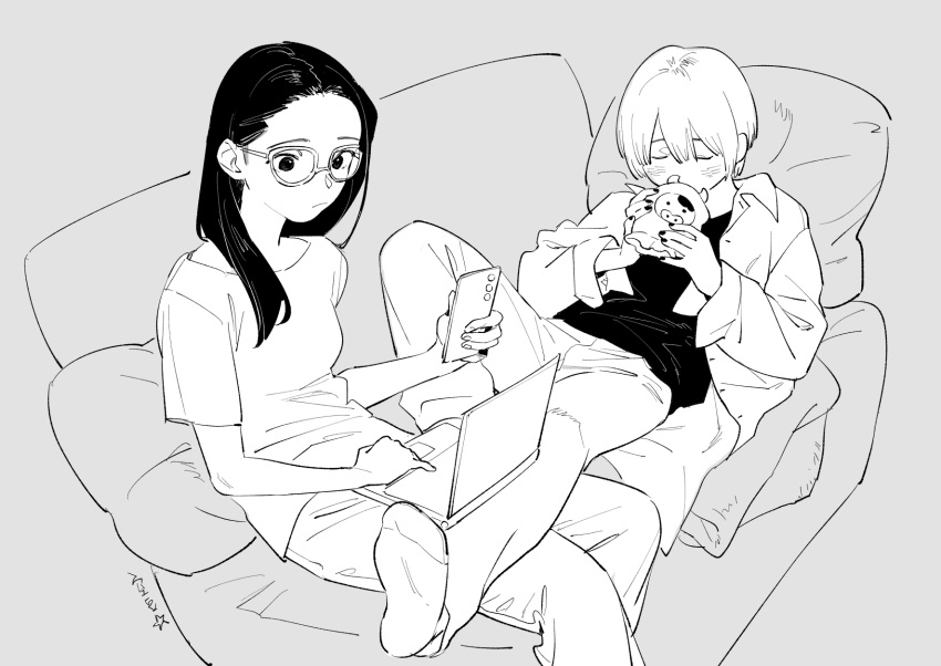 2girls, baby_walkure, blush, cellphone, commentary, computer, couch, fukagawa_mahiro, glasses, greyscale, hashtag-only_commentary, highres, holding, holding_phone, jacket, laptop, long_hair, long_sleeves, lying, monochrome, multiple_girls, nail_polish, no_shoes, on_couch, open_clothes, open_jacket, pants, phone, pillow, shirt, short_hair, short_sleeves, sitting, smartphone, socks, soramame_(corndog), sugimoto_chisato