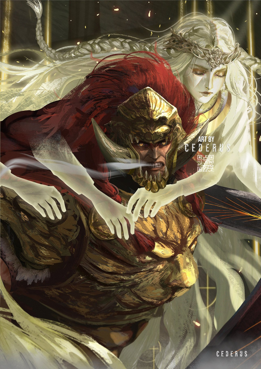 2boys, armor, arms_around_neck, artist_name, blonde_hair, braid, carrying, carrying_person