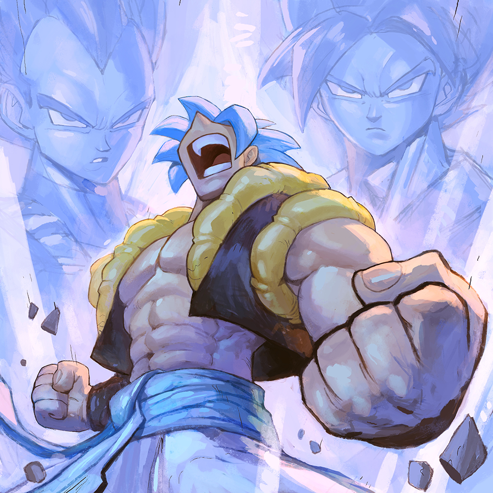 3boys, abs, blue_hair, blue_sash, clenched_hand, cropped_vest, debris, dragon_ball, dragon_ball_super, garrett_hanna, gogeta, looking_at_viewer, metamoran_vest, multiple_boys, muscular, muscular_male, open_mouth, pants, pectorals, sash, shouting, sleeveless, son_goku, spiky_hair, super_saiyan, super_saiyan_blue, v-shaped_eyebrows, vegeta, vest, white_pants, widow's_peak
